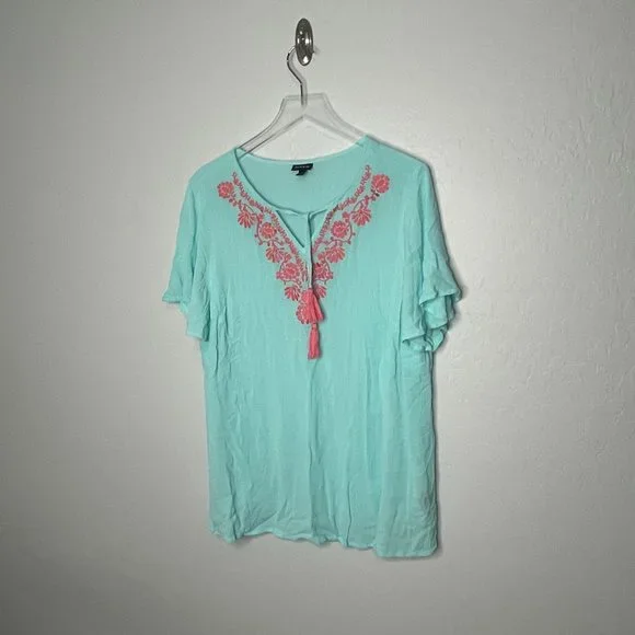 *TORRID* Torrid Crinkle Gauze Blue Green Embroidered Top 2 2X 18/20 - Picture 4 of 6